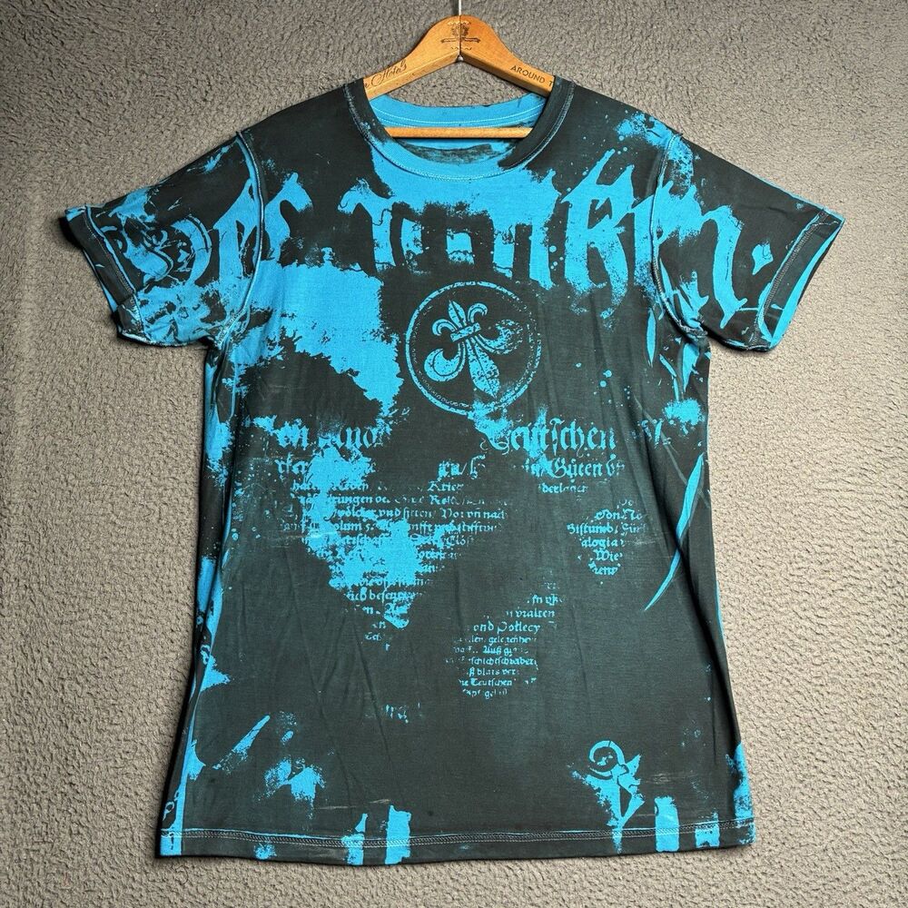 Helix Men Large Blue Black All Over Print Graphic T-shirt Y2K Gothic Reversible